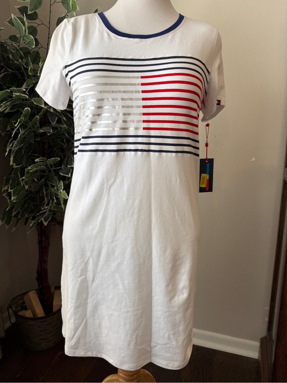 Tommy Hilfiger White Midi Dress with Navy, Red & Silver Stripes - NWT -  Size M